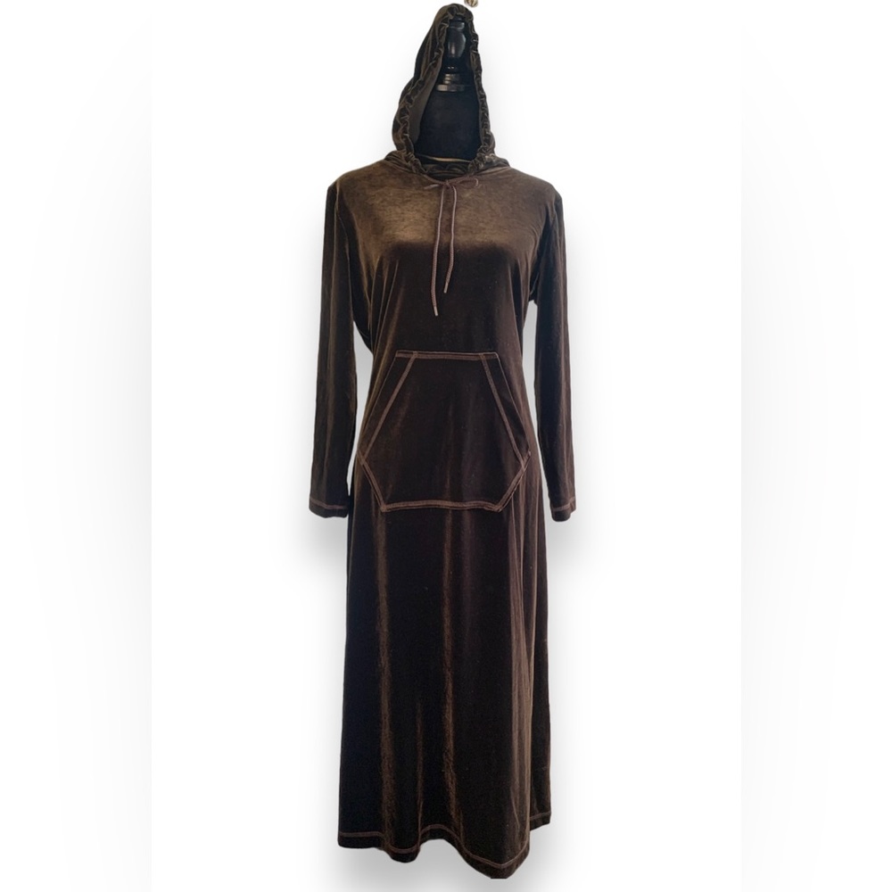 Vintage long sleeve velour dress with kangaroo pocket + drawstring hoodie